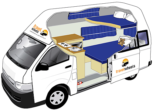 Used Toyota Hiace Campervan for sale in Sydney - drawing of the night time view showing the two beds, kitchen and the space inside the campervan.