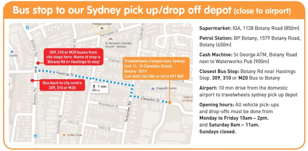 Travelwheels Campervans bus stop directions to and from the Sydney CBD