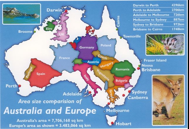 Drawing showing the size of Europe compared to Australia 