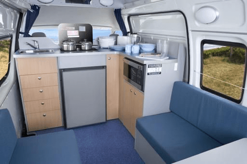 View of the kitchen in this campervan