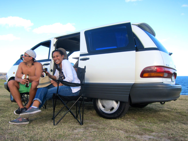 Let's have a beer at the beach sitting outside our Sydney Camper van Hire van 
