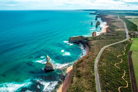 Bird-eye view from a helicopter ride over the Twelve Apostles from the Great Ocean Road campervan roadtrip