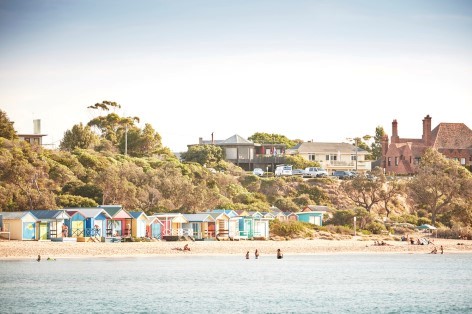 Start your camper holiday visiting the Bathing Boxes at Mornington Beach