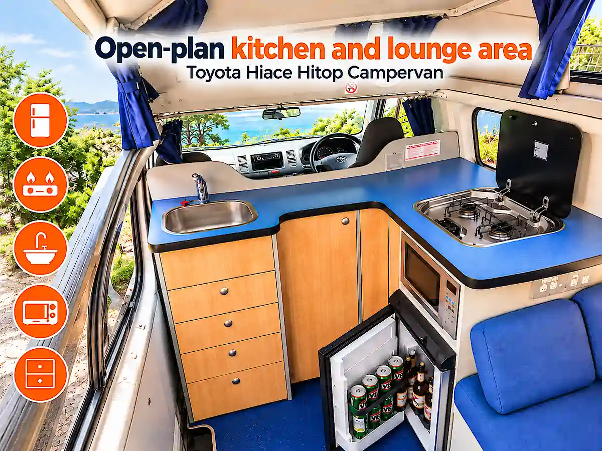 Open plan kitchen and lounge area in a used Toyota Hiace campervan for sale at Travelwheels in Sydney