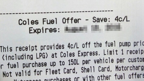 coles supermarket save fuel discount coupon receipt 