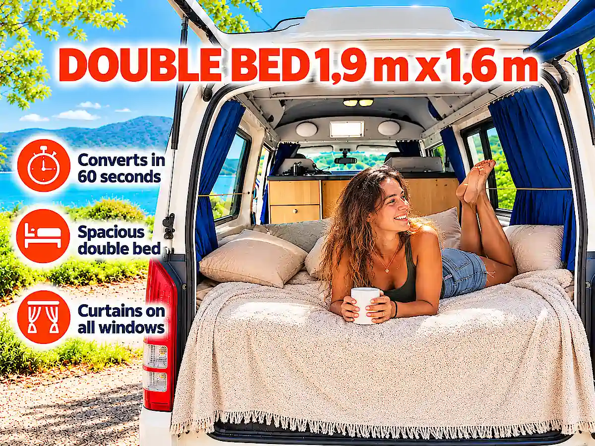 Double bed inside our toyota hiace campervan 1.9m x 1.6m
