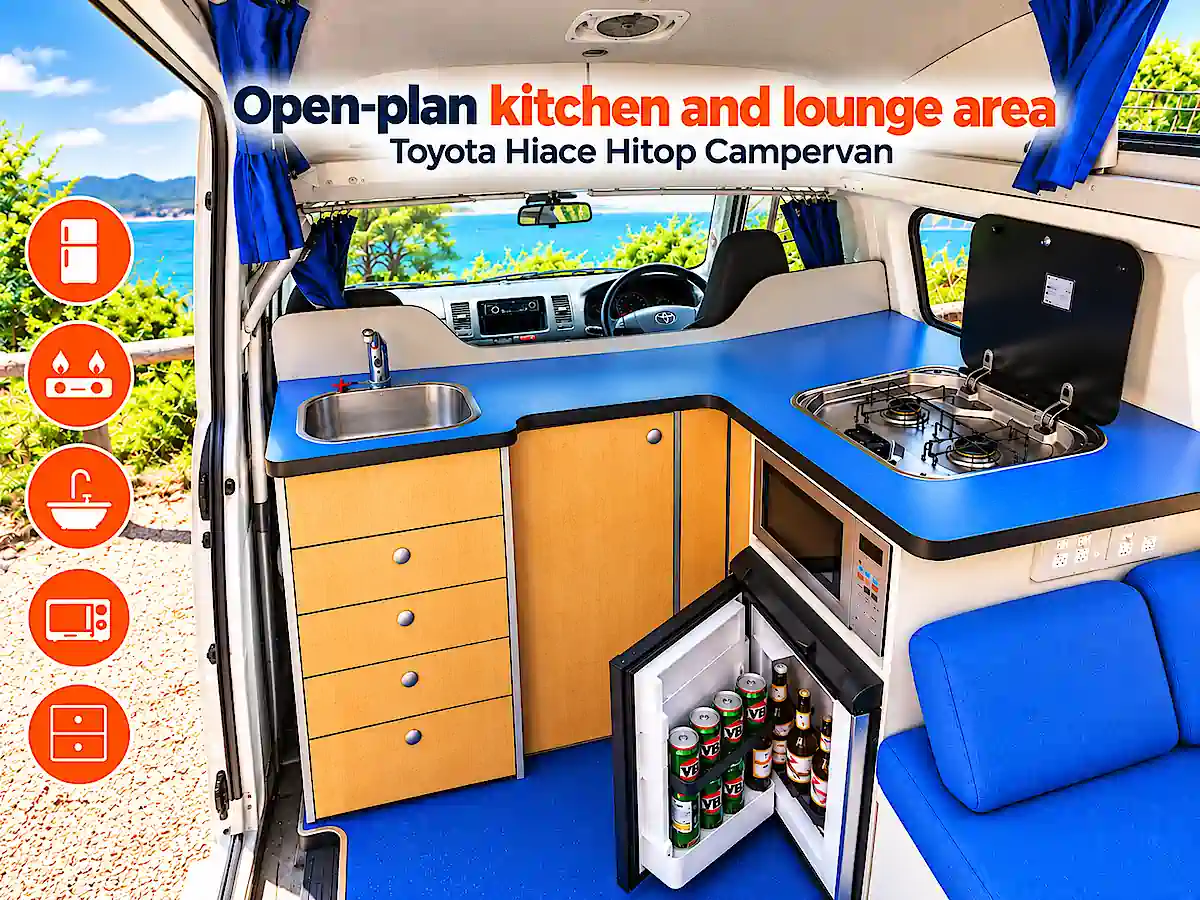 Open plan kitchen and lounge area in a used Toyota Hiace campervan for sale at Travelwheels in Sydney