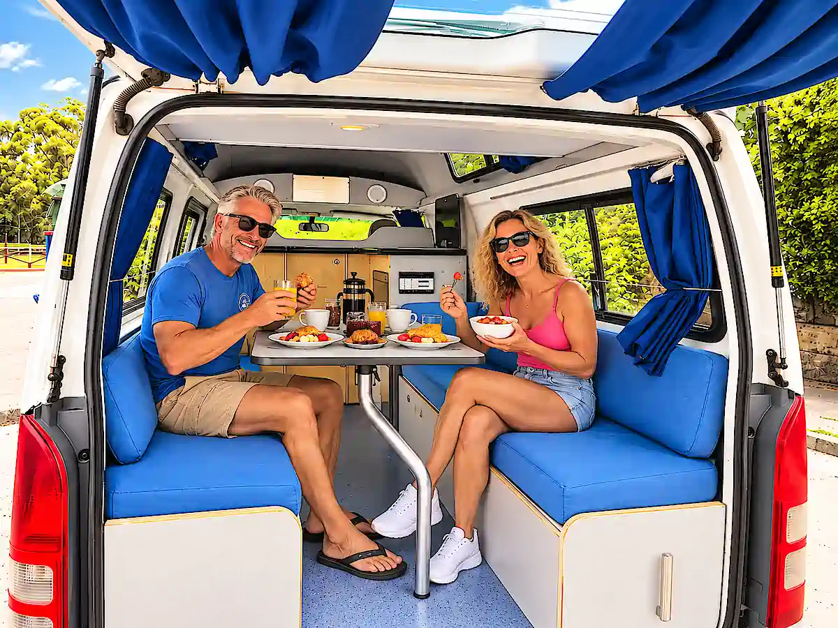 Toyota Hiace Hitop campervans for sale at Travelwheels in Sydney - couple having breakfast together in the rear lounge