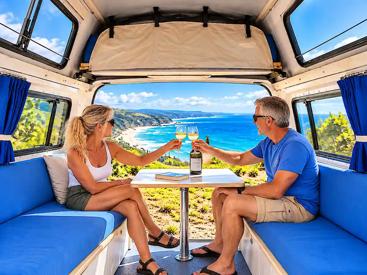 Toyota Hiace Hitop campervans for sale at Travelwheels in Sydney - couple relaxing in the lounge and enjoying the view through the open rear door