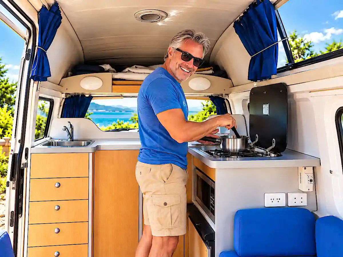 Toyota Hiace Hitop campervans for sale at Travelwheels in Sydney - man cooking in the campervan kitchen