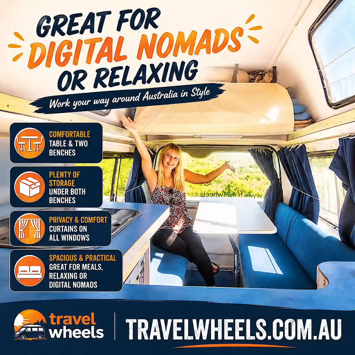 Toyota Hiace Campervans - lounge area great for Digital Nomads to work around Australia