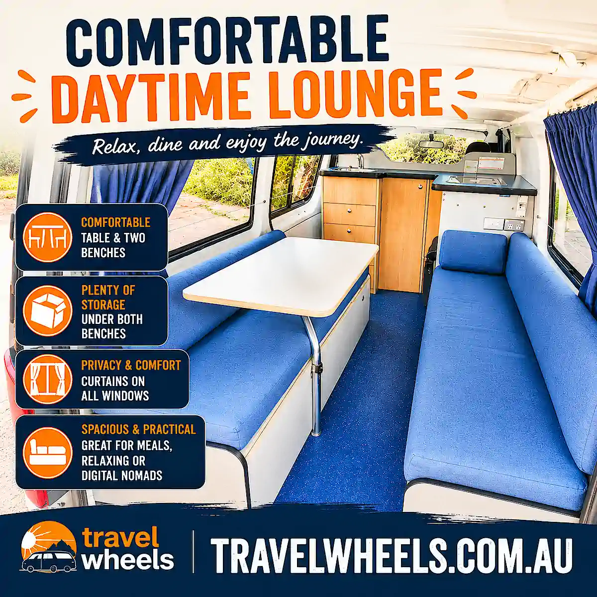 Toyota Hiace Campervan for sale with comfortable day time lounge space - Travelwheels Campervans