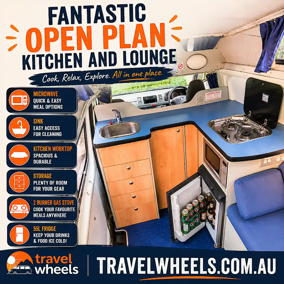 Toyota Hiace Campervan image of open plan lounge and kitchen area