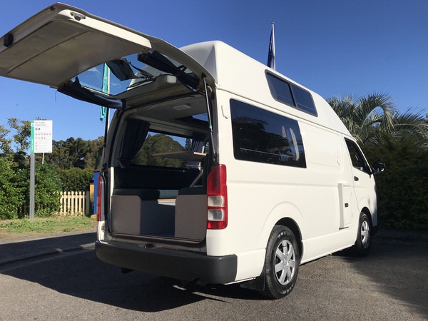 Rear view of Toyota Hiace Campervan with tailgate open