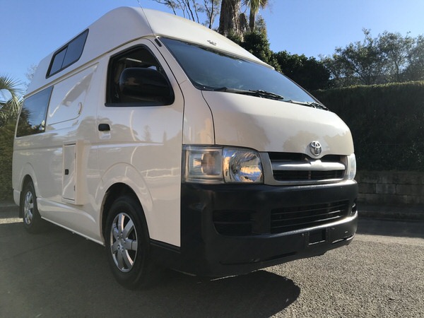 Front drivers side view of Toyota Hiace Campervan for sale