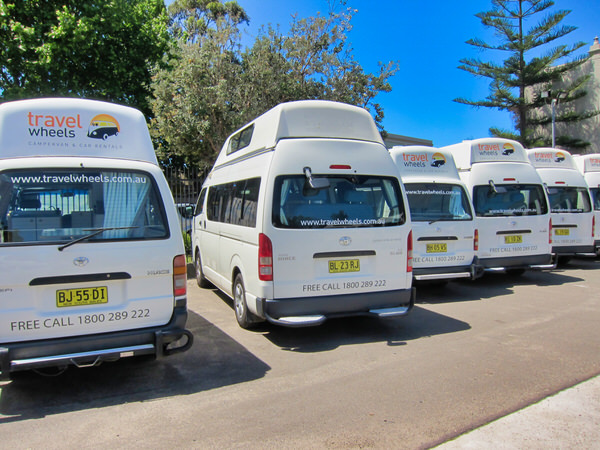 Photo of Travelwheels Campervan Sales yard in Sydney with a range of Toyota Hiace campervans for sale in stock call 0421101021