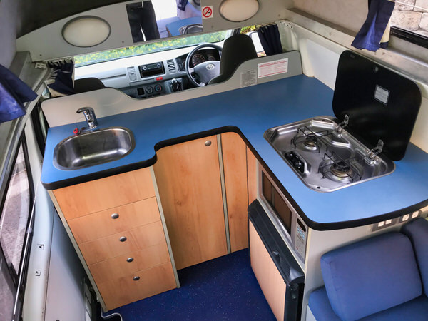 Kitchen area inside a Toyota Hiace Campervan for sale