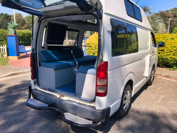 Toyota-Hiace Campervan for sale - rear tailgate opened to the lounge