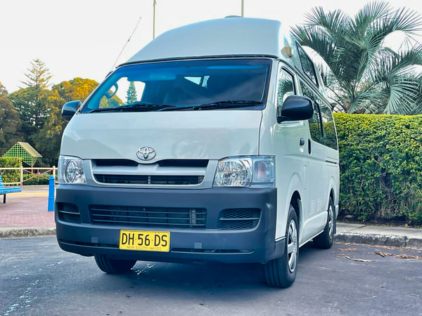 Used Campervan for sale in Sydney - Photo showing a Toyota Hiace Campervan from the front drivers side angle view