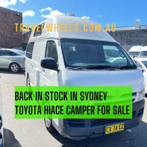 Back in stock promo image of Toyota Hiace campervans for sale at Travelwheels in Sydney - call the team at 0421101021