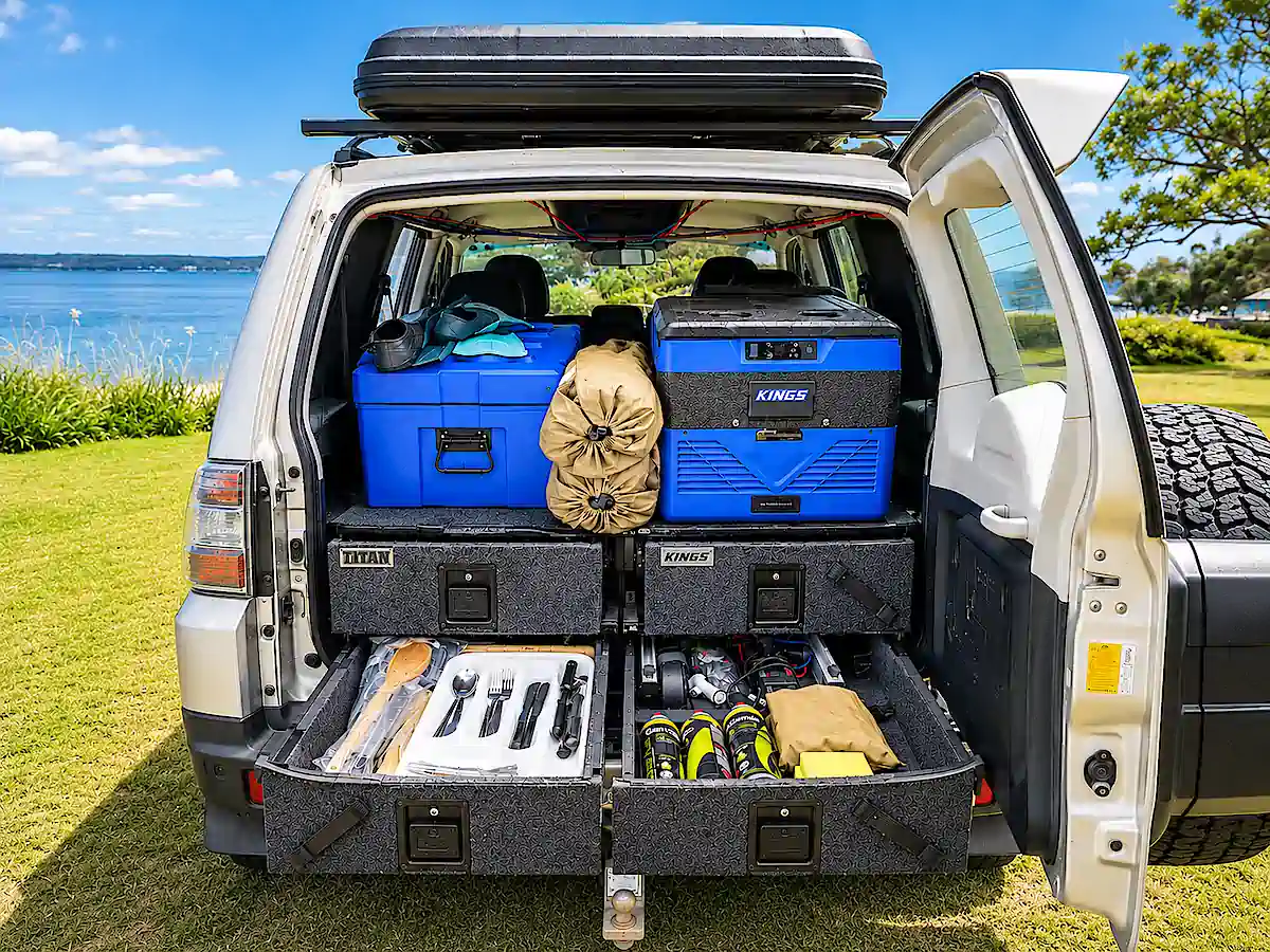 Cuisine de camping à l’arrière d’un Mitsubishi Pajero avec réfrigérateur et réchaud