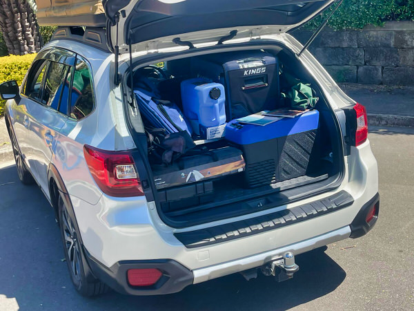 Roof Top Tent Camper for Sale in Sydney – Model shown is a Subaru Outback Automatic Station Wagon AWD with Roof Top Tent - photo shows the view of the rear of the vehicle full with all the camping and cooking gear already included in the price