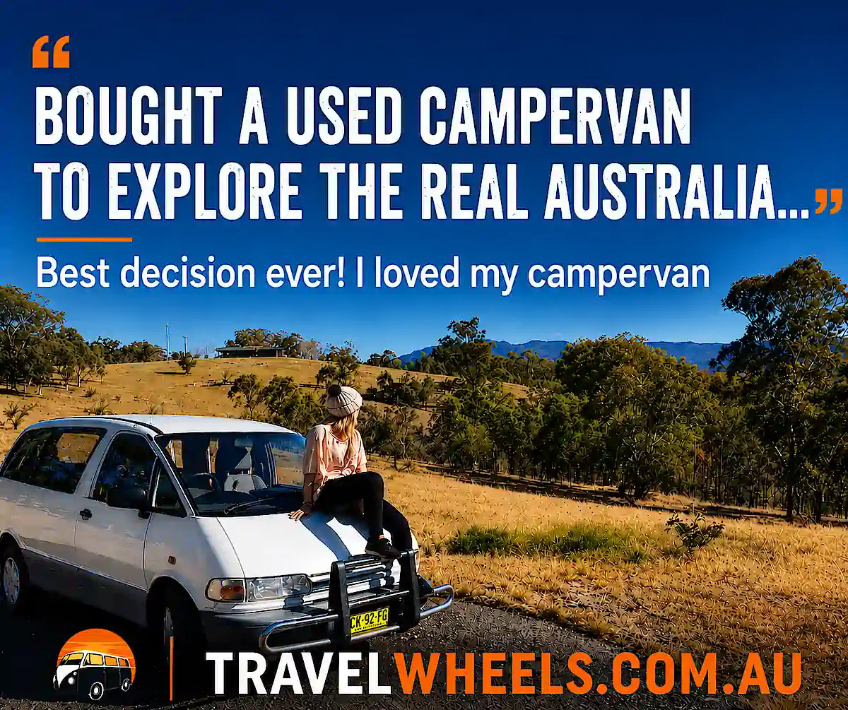 Bought a used campervan to explore the real Australia - best decision ever - woman on front of campervan thinking