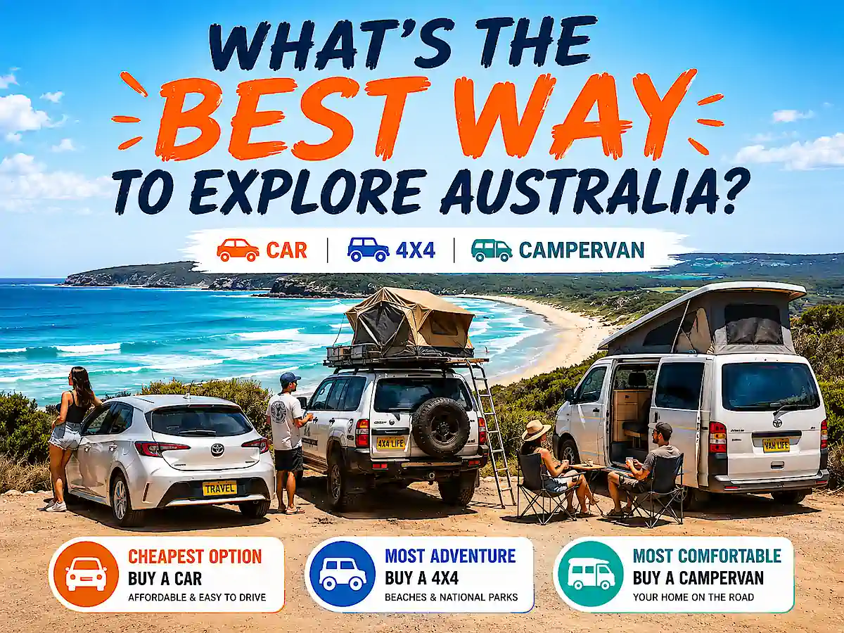 How to buy a car in Australia - What Is the Best Car to Travel Australia - image of a car 4x4 and campervan next to each other at beach