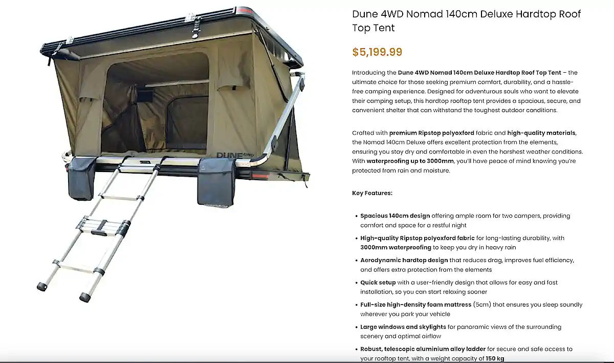 Dune 4x4 Nomad 140cm Deluxe HardTop Roof Top Tent Specifications