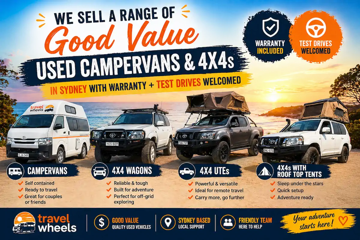 Sell range used campervans, 4x4s + Roof top Tent Campers at Travelwheels Botany in Sydney