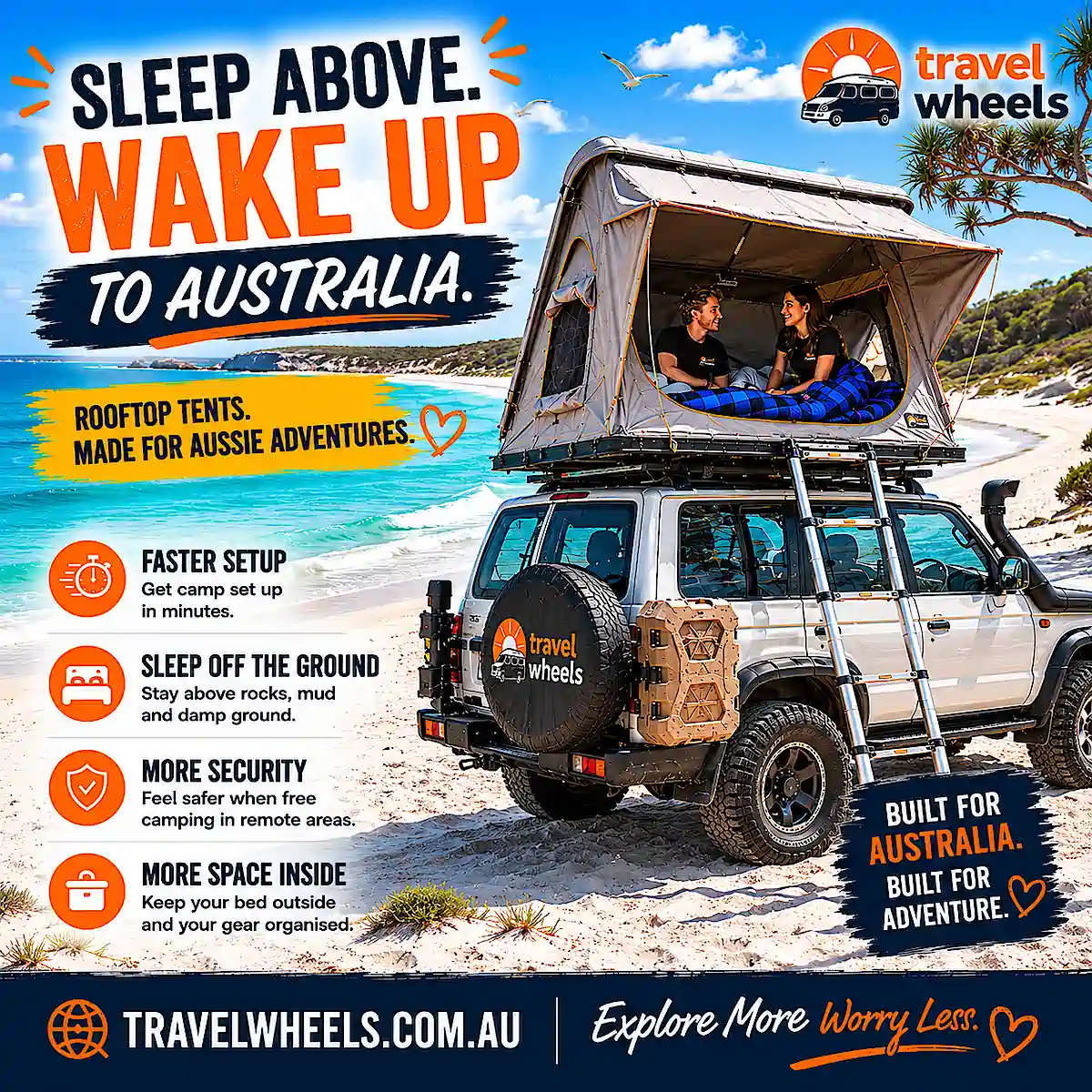 Young couple sleeping inside Roof Top Tent at the beach in Australia