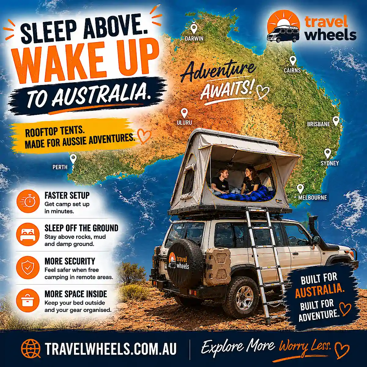 Explore Australia with used 4x4 and roof top tent - image shows couple sleeping inside the Roof Top Tent