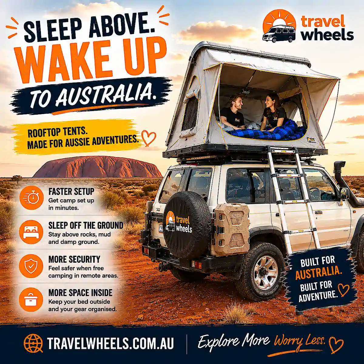 Couple sleeping inside Roof Top Tent on a used 4x4 exploring outback Australia by Ayres Rock
