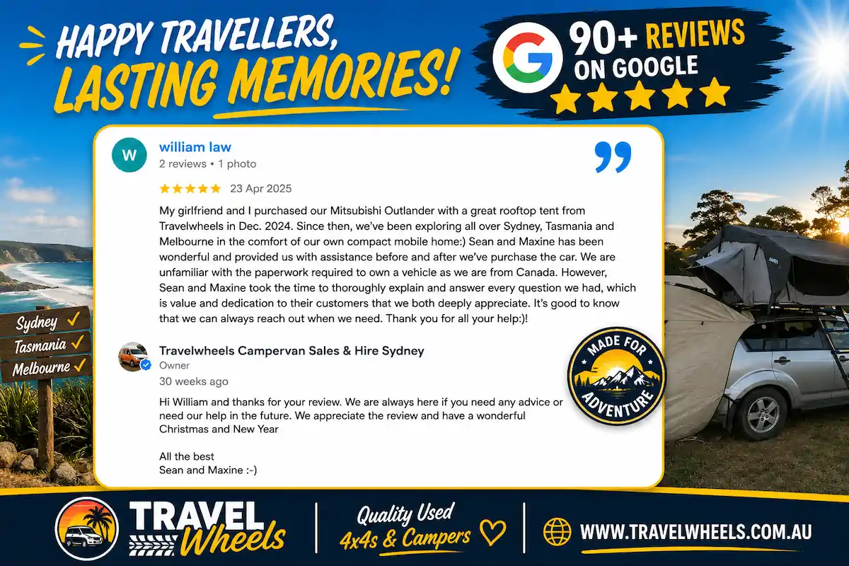 Travelwheels customer reviews: Canadian couple buying Mitsubishi Outlander 4x4 with roof top tent in Botany.