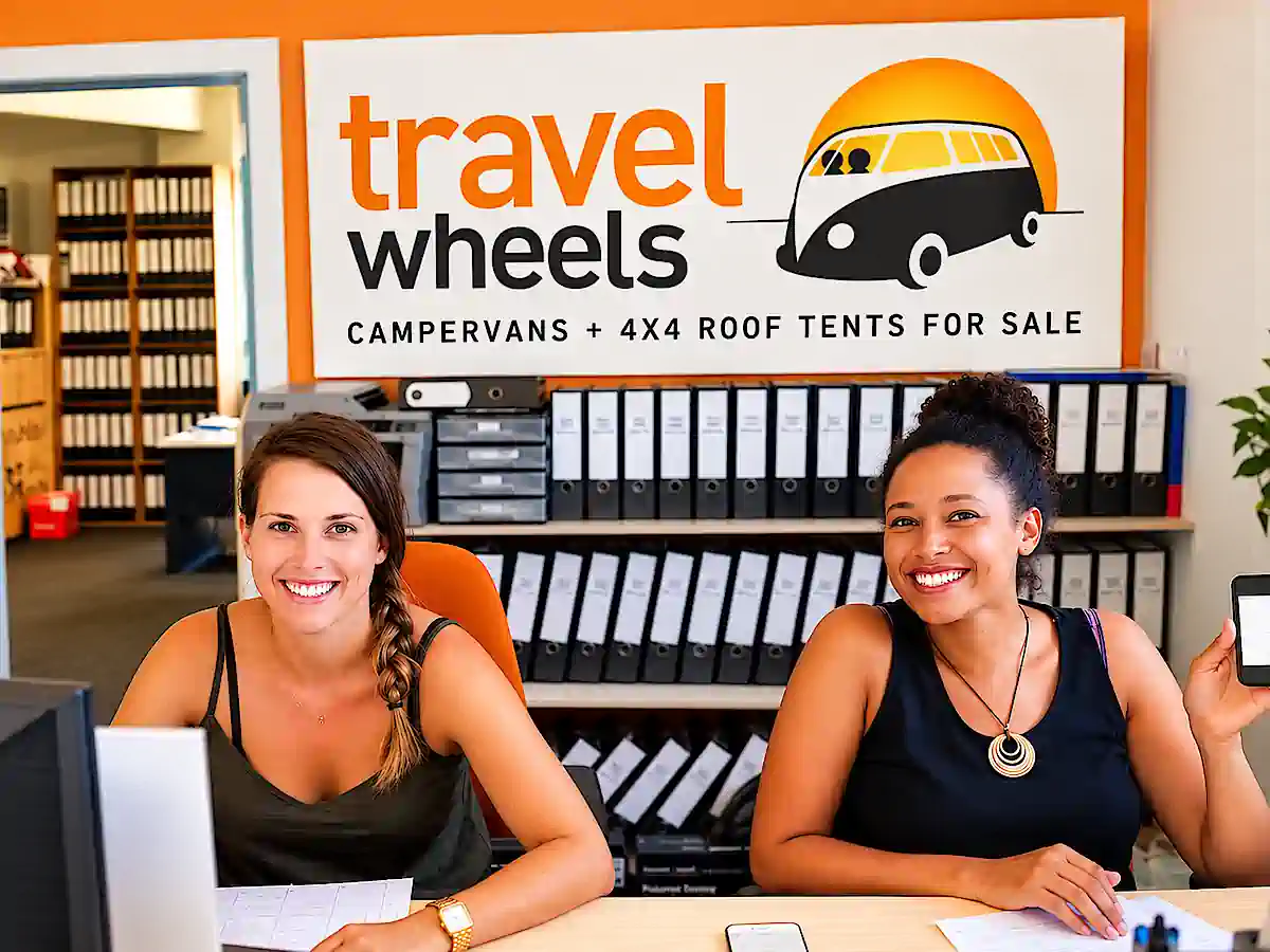 Travelwheels staff in the office - contact us for used campervans and 4x4 roof tent vehicels for sale