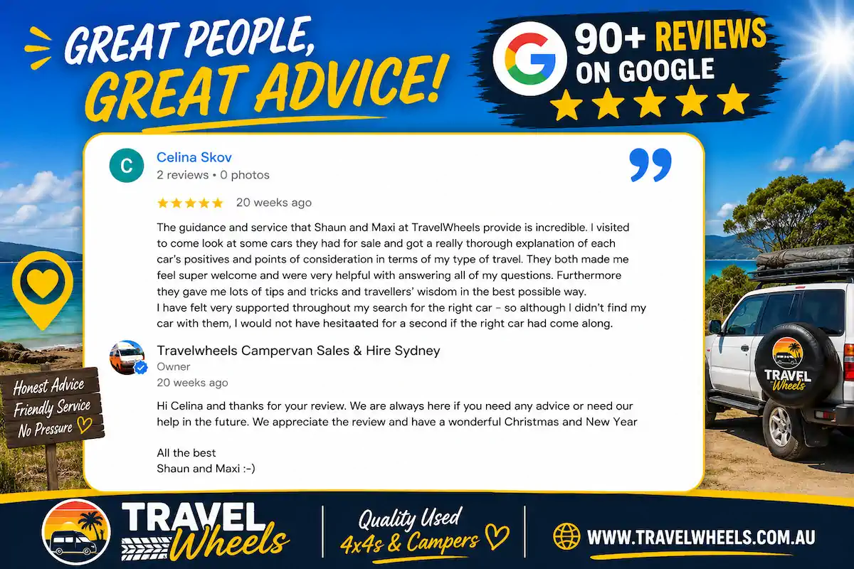 Google customer reviews for Travelwheels Botany: Celina Skov praising Shaun and Maxi for their honest advice and expert travelers' wisdom.