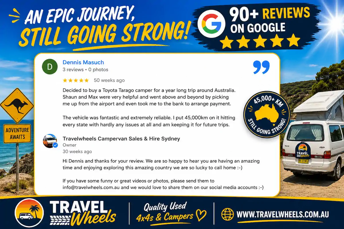 Google customer reviews for Travelwheels: Dennis Masuch praising our friendly service and the reliability of his Toyota Tarago campervan after a 45,000km trip.