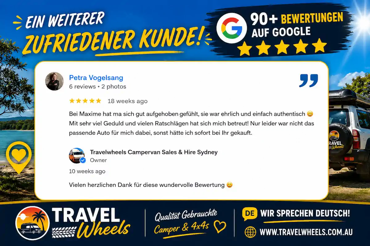 Travelwheels customer reviews: Petra Vogelsang praising our German-speaking staff and friendly service in Sydney.
