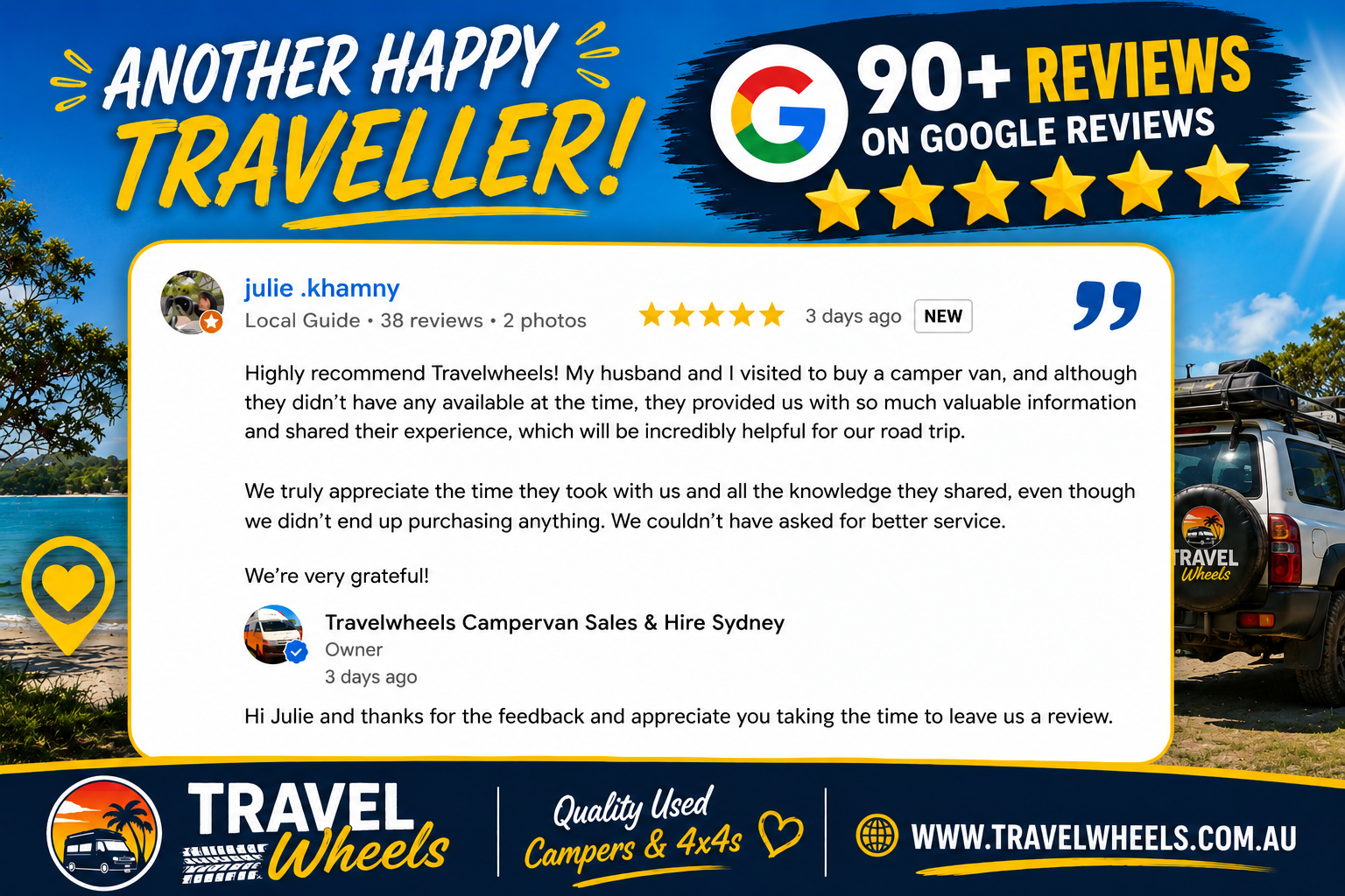 Google customer reviews for Travelwheels Botany: Julie Khamny's experience with our friendly service and expert advice