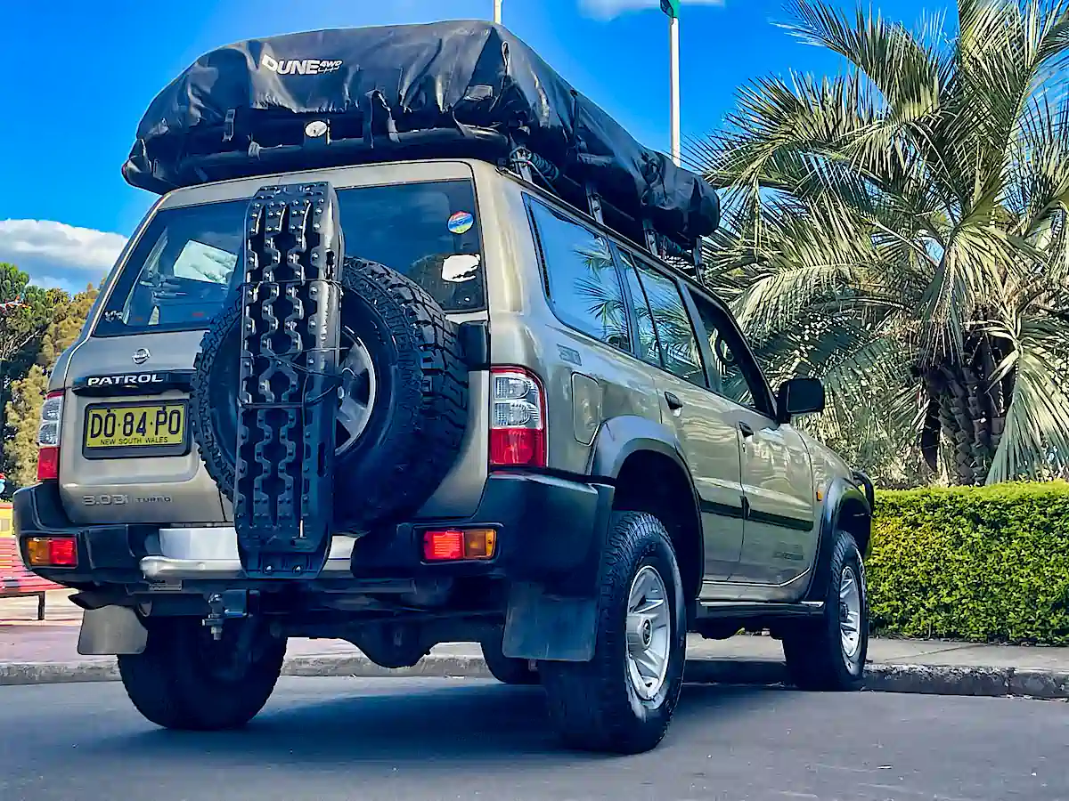 4x4 camper for sale - rear driver side view Nissan Patrol with Dune Roof Top Tent