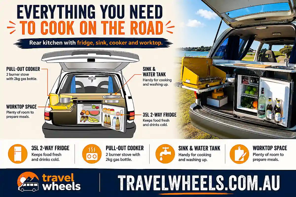Small automatic campervan for sale with rear kitchen with fridge, sink, cooker and worktop space - buy from Travelwheels Campervans in Sydney