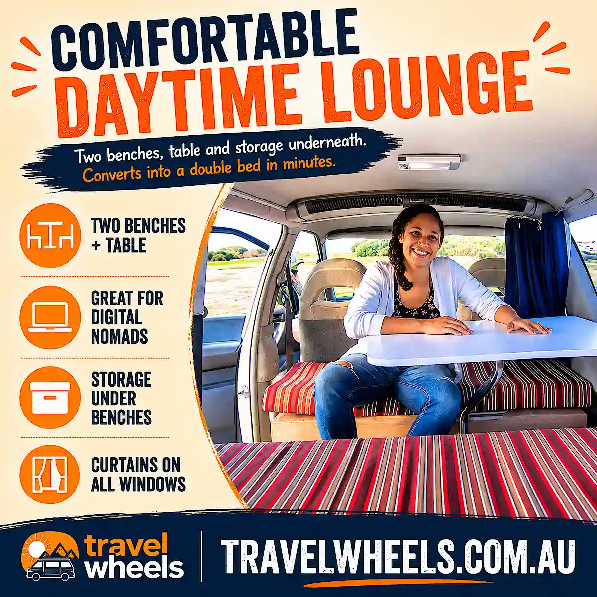 2 Person Toyota campervan with lounge, table and two benches - photo of a young woman sitting in the lounge