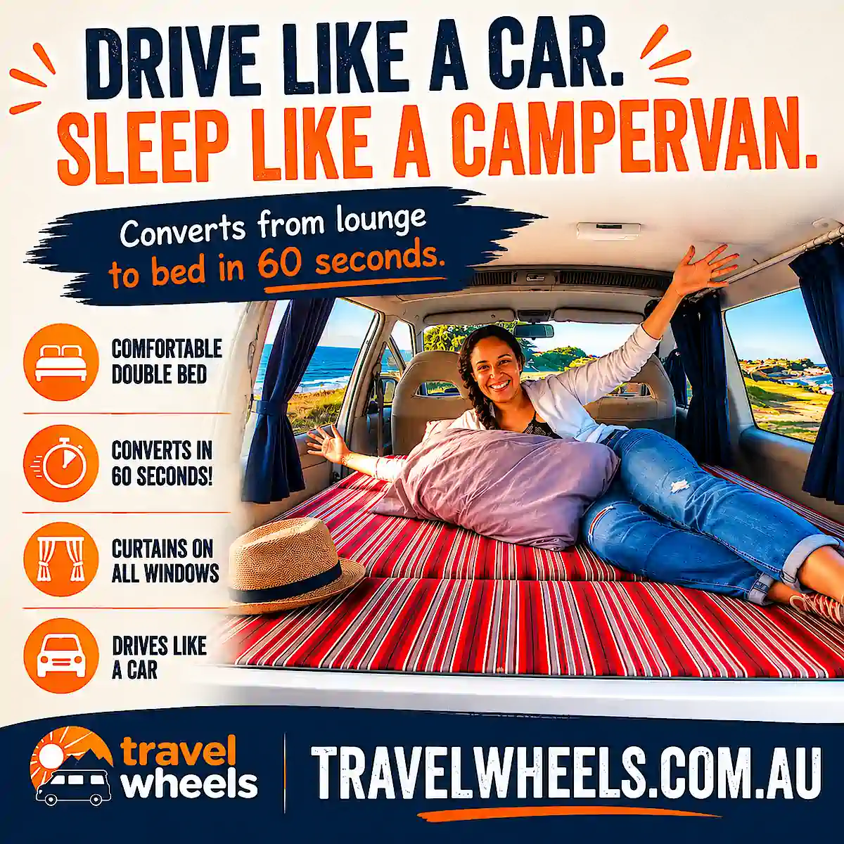 Toyota 2 person campervan with double bed - photo of young woman in the bed