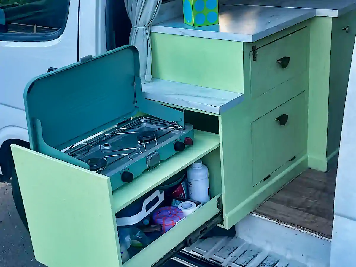 Toyota campervan for sale at Travelwheels with pull out practical kitchen
