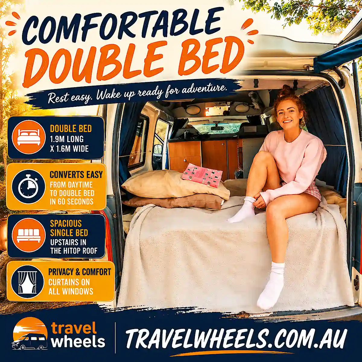 Used Toyota Hiace Campervan for sale - showing size of the double bed 1.9m x. 1.6m - Travelwheels Campervan Sales Sydney