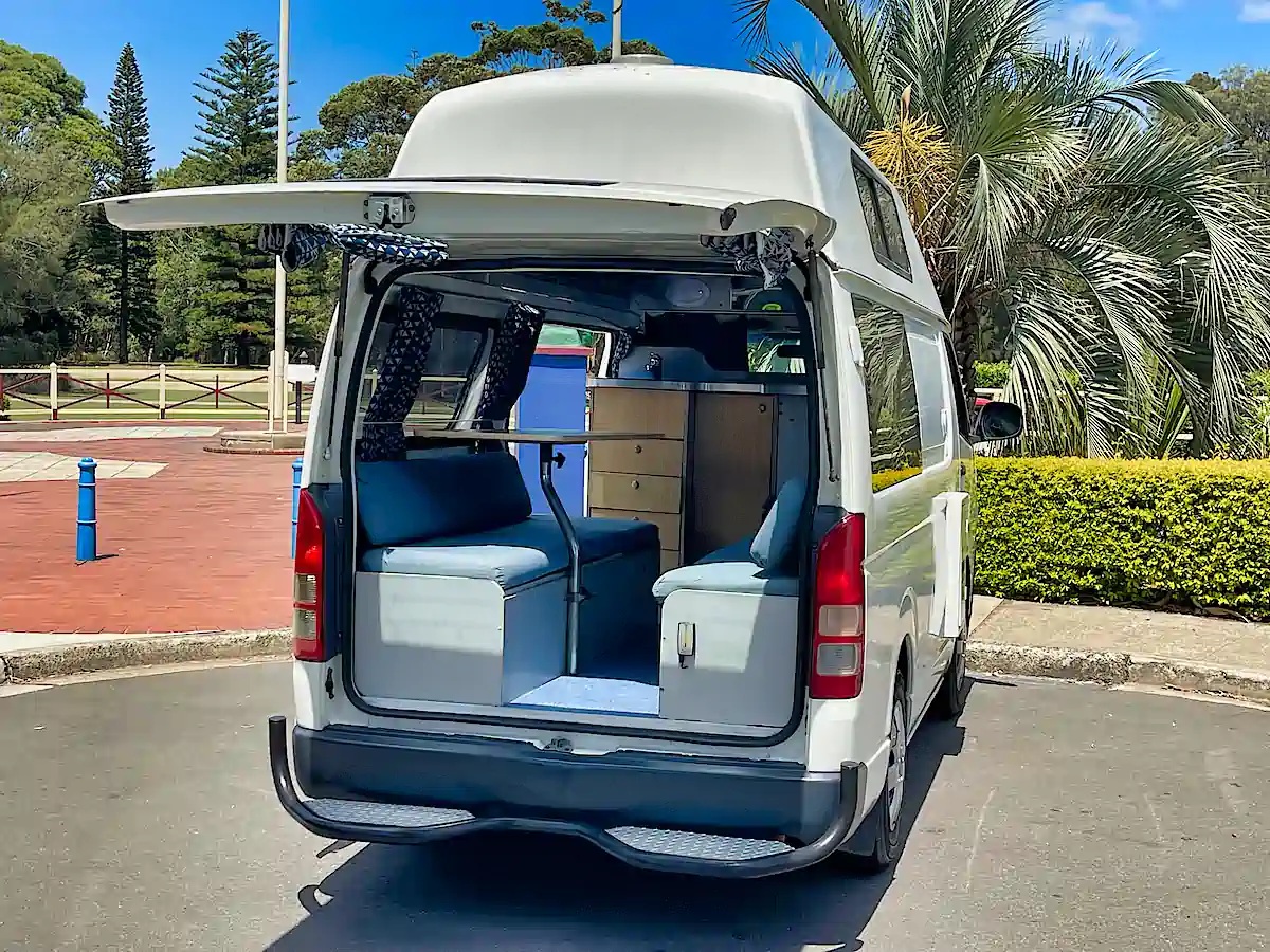 Toyota Hiace Campervan for Sale - Rear Lounge Area with rear door open