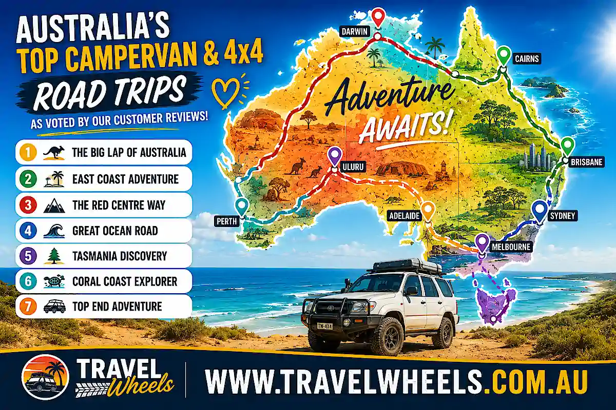 Australia's top campervan and 4x4 road trips on a colourmap of Australia 