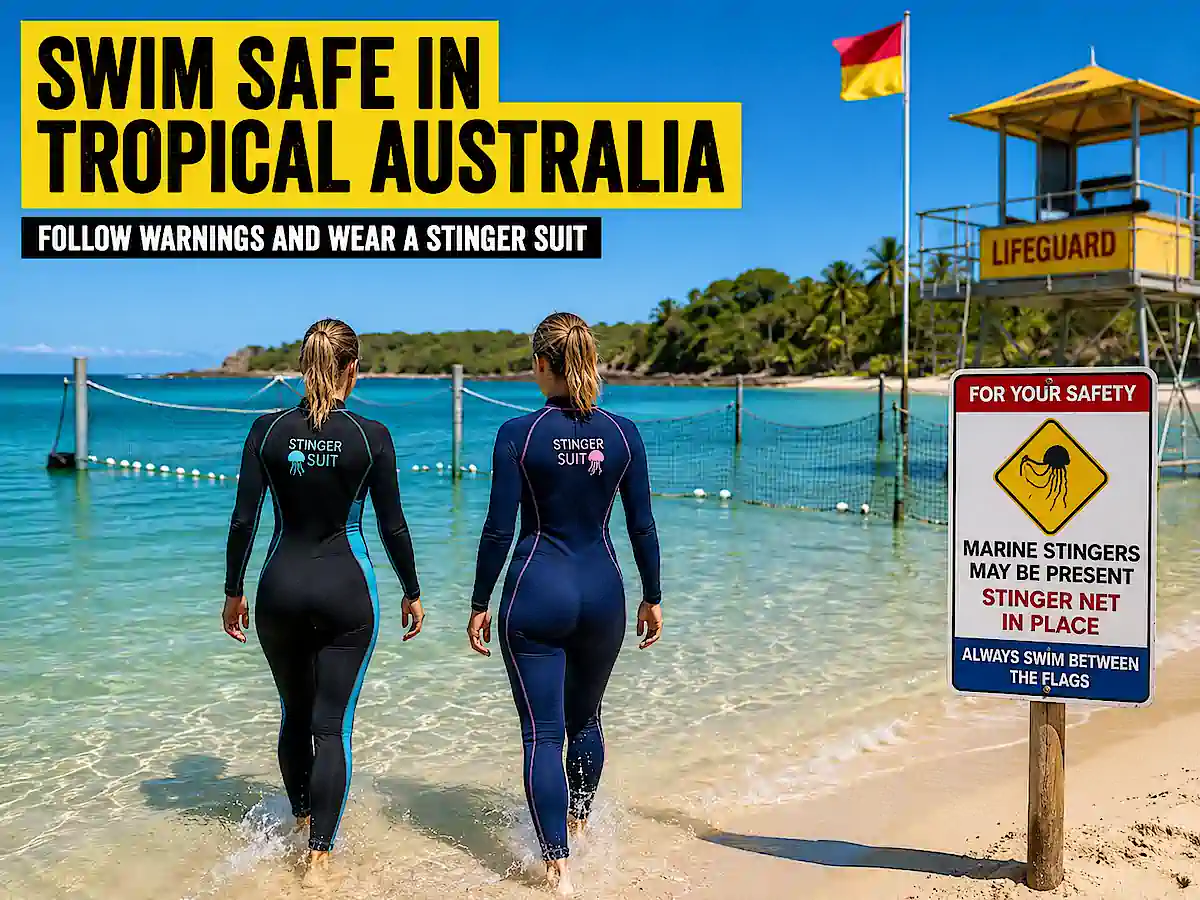Two women wearing Box Jellyfish wetsuits designed to protect them from these dangerous animals in Australia