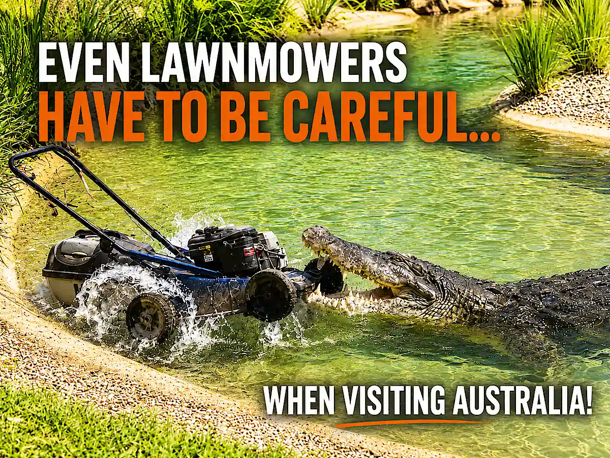 Dangerous animals in Australia - crocodile attacking a lawnmower at Australia Zoo