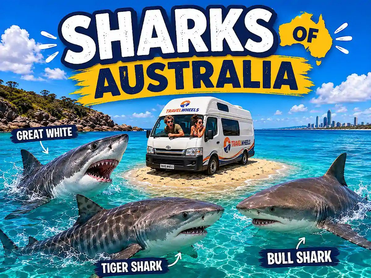 Dangerous Animals in Australia - great white, tiger and bull sharks surrounding a campervan
